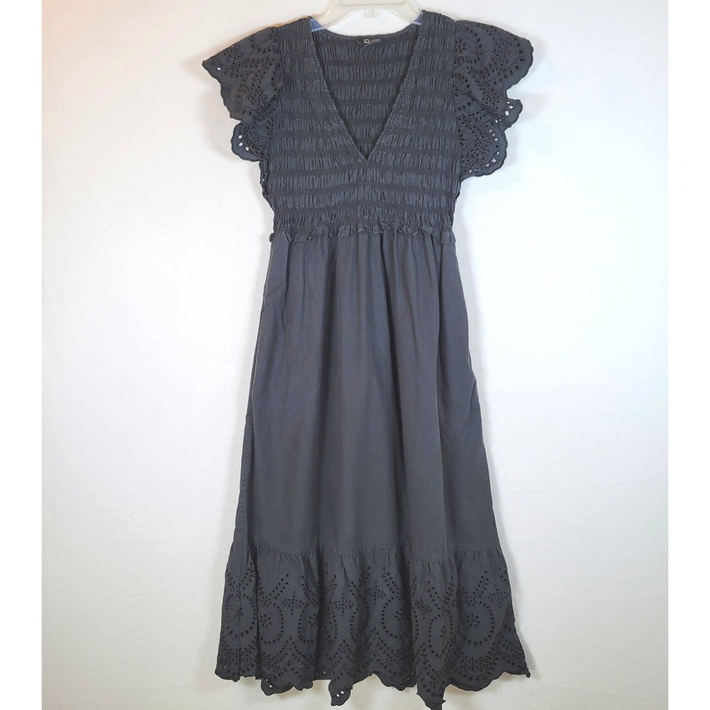 Rails Womens Clementine Smocked Eyelet Midi Dress Size Medium Black Cottagecore